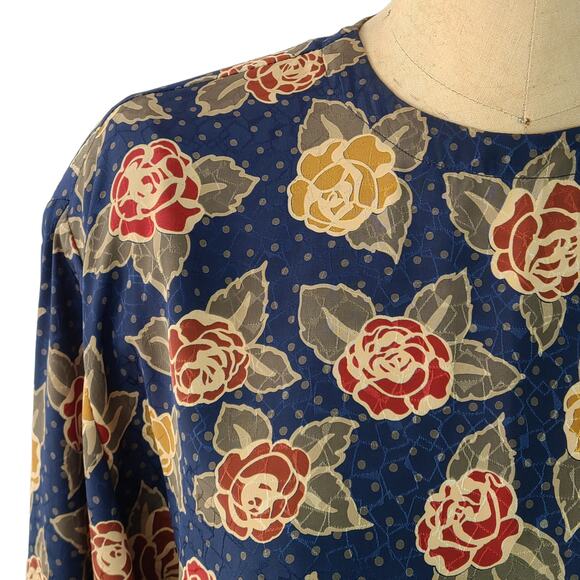 Vintage Pendleton navy maroon ochre floral long sleeve blouse 16 - Picture 2 of 7